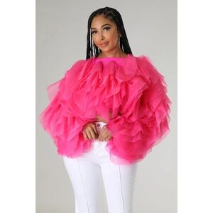 PLUS SIZE RUFFLE TULLE CROP TOP BLOUSE PINK